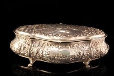 ANTIQUE DUTCH SILVER FIGURAL REPOUSSE SEAPORT SAILBOAT SCENE DRESSER BOX  A1976