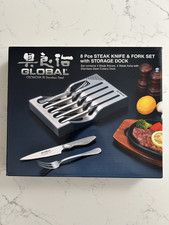 Global 8 Piece Steak Knife & Fork Set + Storage Dock. New Original Box