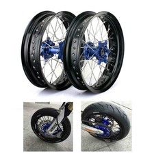 Supermoto 17"x3.5"/4.25" Wheels Blue Hubs Set For Yamaha YZ 250 F YZ 450 F 09-13