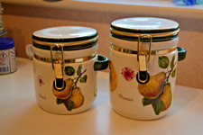 2 x Ceramic Storage Jars with Clip Lids - Pears & Fruits 15 & 17cm tall - #PH