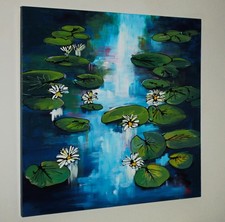 PAUL KENTON (B.1968 ) Large Original Oil Painting of Water Lilies - Box Canvas