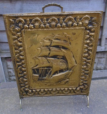 Vintage Brass Fire Screen Guard Front Ship Embossed Home Scene Panel Wood Back
