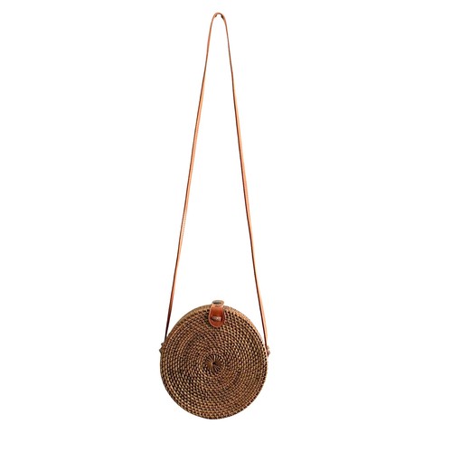 Round rattan straw crossbody - straw,