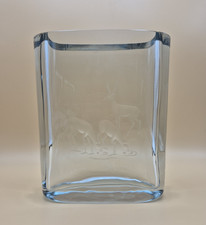 Large Strombergshyttan Swedish Etched Ice Blue Art Glass Vase Deer 23 cm tall