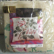 PAKO TAPESTRY CANVAS - PART COMPLETED - WITH WOOLS ETC.