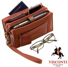 Mens Wrist Bag Travel Organiser Soft Real Leather Black or Brown Visconti New