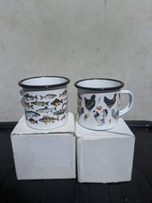 Chicken Fish Enamel Mugs Set of 2 Rustic Kitchen Decor Boxed