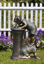 Water Fountain Girl And Boy Drinking Bronze Stone Weather Proof Rust Resistant