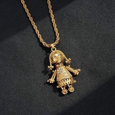 Large Gold Heart Rag Doll Pendant Clear Stones 24"" Chain Necklace