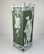 Schafer & Vater German Jasperware Square Vase 2977 Green Relief Figural Antique