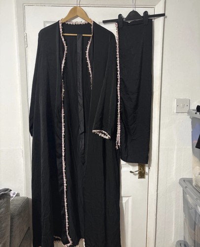 Black floral trim abaya - floral,