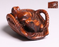 Japanese Wooden Frog in Basket Netsuke 1.5inch Inro Ojime Figurine By Ishikawa