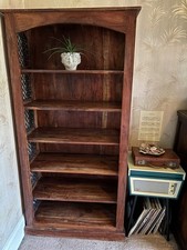 VINTAGE JALI SHEESHAM DARK WOOD SHELF WITH WROUGHT IRON SIDE PANELS
