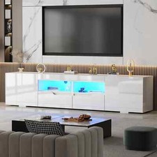 200cm All High Gloss White TV Stand Cabinet Unit Doors Storage with LED Cupboard