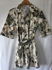 ZARA Cream Green Tropical Floral Shirt Dress Size M Long Sleeve 100% Cotton