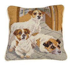 VTG Needlepoint Accent Throw Pillow  10"x10" Jack Russel Terrier Dog Puppies