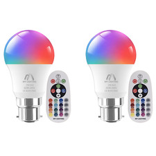 RGB LED Bulbs 7W B22 with Remote | Dimmable | 16 Colours + Warm White | 2 Pack