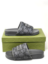 Gucci Men's Slides Sandals Monogram Pool GG Black Grey UK 8 US 8.5 EUR 42 10744