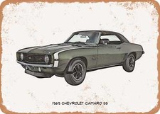 Classic Car Art - 1969 Chevrolet Camaro SS Pencil Sketch - Rusty Look Metal Sign