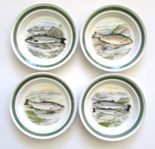 Portmeirion Compleat Angler Green Band 7 3/8" Bread & Butter Plates 4 Mint