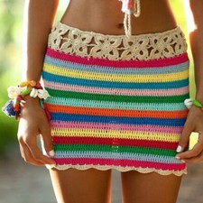 Hand crochet Color stripe skirt with Short fringe Women Beach Bikini Swim Skirt