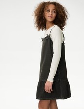 Marks & Spencer Girls Black Cotton Dungaree-Dress Knee length Dress - M&S