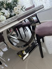 Marble 180cm Dining Table with 6 Velvet Chairs, Gloss Finish Stunning Design