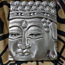 Hand Carved Buddha Face Plaque Wall Art - Silver Wood Relief 11.5"x 16 " inch