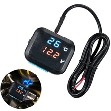 Digital Motorcycle Voltmeter Thermometer Temp Voltage Gauge Blue Red LED Display