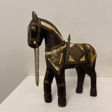 Vintage wooden Trojan horse hand carved metal and inlay decoration Brass Chain