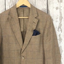 HACKETT Mayfair Men's Linen Blazer Jacket 38R Light Brown Windowpane Check