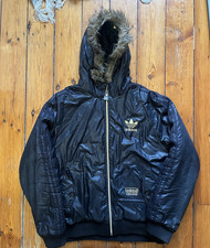 Men’s Y2k Adidas Chile 62 Black Puffer Jacket Parka Fur Trefoil Originals Large