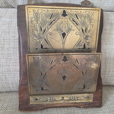 Antique Original Arts & Crafts Art Nouveau Brass Oak wall hanging letter rack