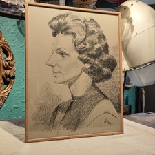 Antique Original Charcoal Painting Portrait Woman Vintage Art Deco Thatcher V