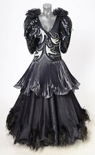 Vintage Black Sequin Detail Organza Tiered Feather Hem Ballroom Dancing Dress S