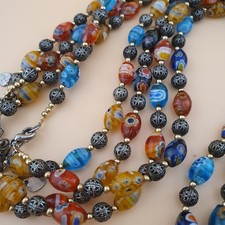 Vintage Venetian Style Tiny Floral Glass & Old Brass Beads Necklace 24 inches