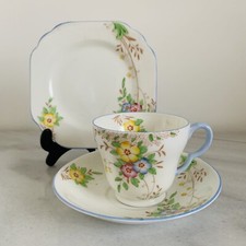 Stanley Bone China Floral Trio Cup Saucer & Plate - Late 40s Blue Edge Floral