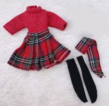 Tartan Skirt Dress Red Jumper & Scarf Tights Clothing Clothes Doll Outfit Sindy