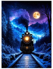 Printed Cross Stitch Kit 11 ct Winter Midnight Train Moon 30x40cm DIY UK