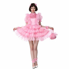 Sissy Girl Maid High Lace Neck Organza Puffy Pink Dress Unifrom Crossdress