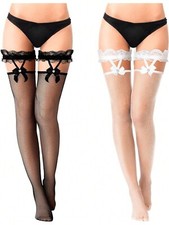 2 pairs Sexy Ladies Fishnet Hold Up Stockings With Lace Top UK stock