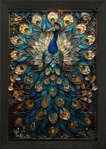 Stained glass peacock - stained, framed
