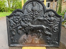 Antique Cast Iron Fire Back - depicting Carolean Lion, Fleur de Lis 