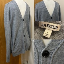 JAEGER Grey LAMBSWOOL V Neck Cardigan Jumper UK 44” POCKETS Cosy LAYERING