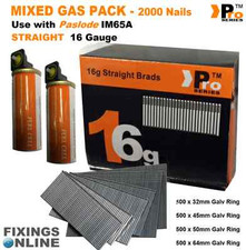 MIXED PACK 2000 x 16g STRAIGHT Nails +2 Fuel cells for PASLODE IM65 / IM250  