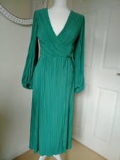H&M Green Plisse/Pleated Ballon Sleeve Long Wrap Dress/S