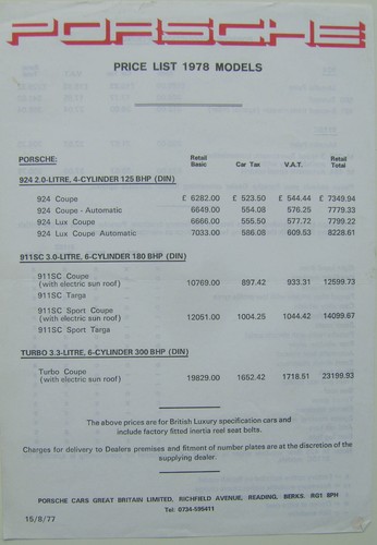 Porsche price list 1978 911 - list,