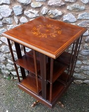 Edwardian Inlaid Mahogany Revolving Bookcase on tripod carved legs Tall design 