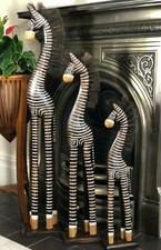 Wooden Brown Zebra Statue Set