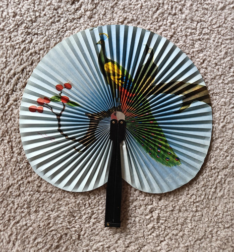 Vintage folding hand fan - vintage, blue